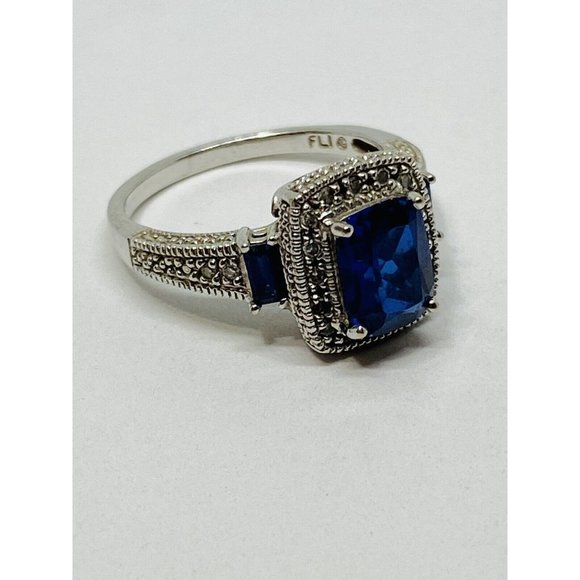 FLI Jewelry - 10k White Gold  Blue Sapphire & Diamond Halo Ring Signed FLI Size 6.75